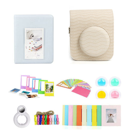 ZIKKON 7 in 1 Accessory Bundle for Mini 12 Instant Camera, Include PU leather Case, Mini Picture Album, Frames, DIY Stickers, Color Filter, Selfie Mirror, Paper Bunting(No Camera) - Beige Wave