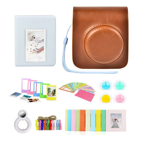 ZIKKON 7 in 1 Accessory Bundle for Mini 12 Instant Camera, Include PU Leather Case, Mini Picture Album, Frames, DIY Stickers, Color Filter, Selfie Mirror, Paper Bunting(No Camera) - Brown