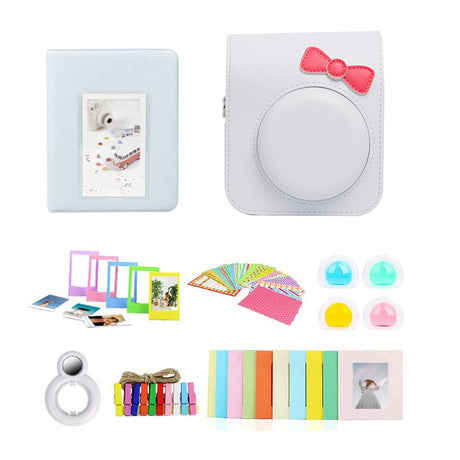 ZIKKON 7 in 1 Accessory Bundle for Mini 12 Instant Camera, Include PU leather Case, Mini Picture Album, Frames, DIY Stickers, Color Filter, Selfie Mirror, Paper Bunting(No Camera) - White bowknot