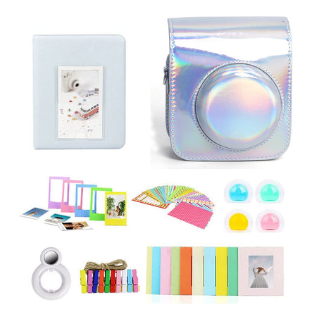 ZIKKON 7 in 1 Accessory Bundle for Mini 12 Instant Camera, Include PU leather Case, Mini Picture Album, Frames, DIY Stickers, Color Filter, Selfie Mirror, Paper Bunting(No Camera) - Holographic silver