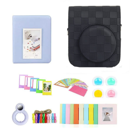 ZIKKON 7 in 1 Accessory Bundle for Mini 12 Instant Camera, Include PU Leather Checker board Case, Mini Picture Album, Frames, DIY Stickers, Color Filter, Selfie Mirror, Paper Bunting(No Camera) - Black