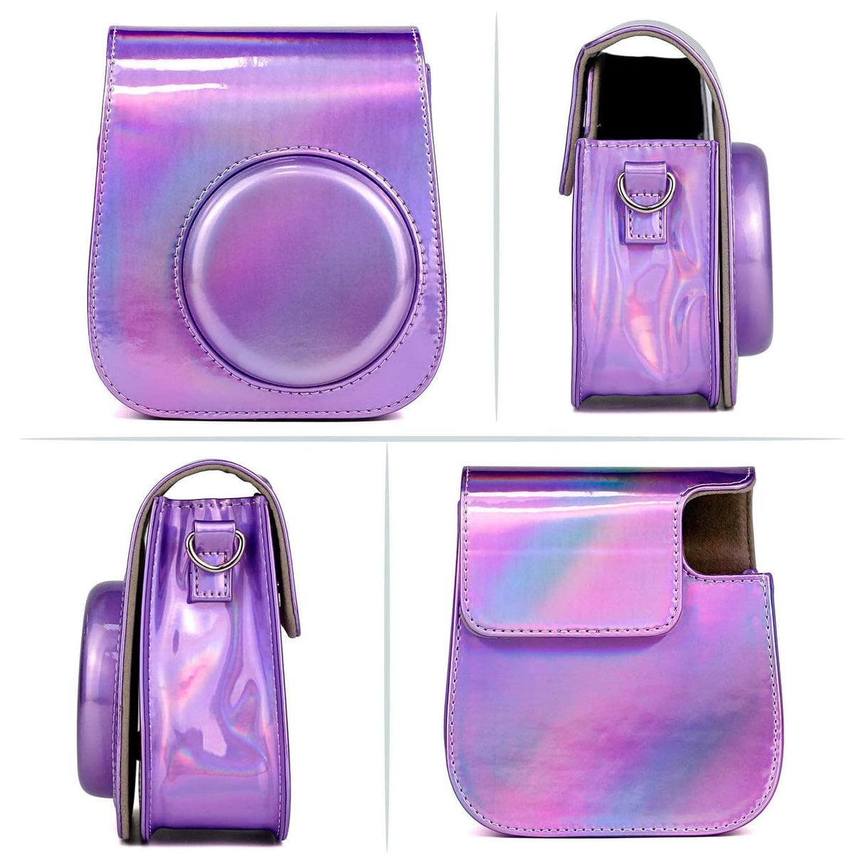 ZIKKON PU Leather Protective Camera Case Pouch for Fuji-Film Instant Insta-x Mini 11, Mini 9, Instant Camera Carrying Bag with Adjustable Shoulder Strap_Holographic Purple