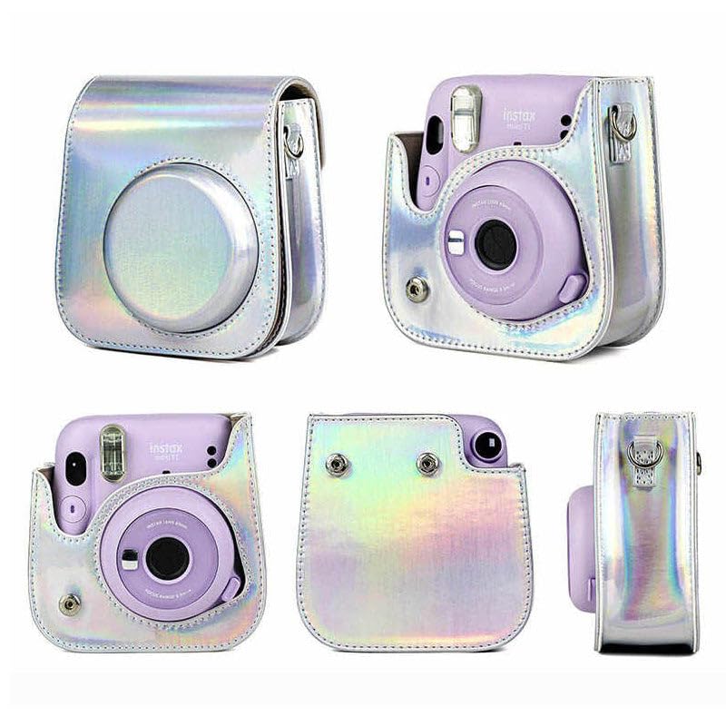 ZIKKON PU Leather Protective Camera Case Pouch for Fuji-Film Instant Insta-x Mini 11, Mini 9, Instant Camera Carrying Bag with Adjustable Shoulder Strap_Holographic Silver