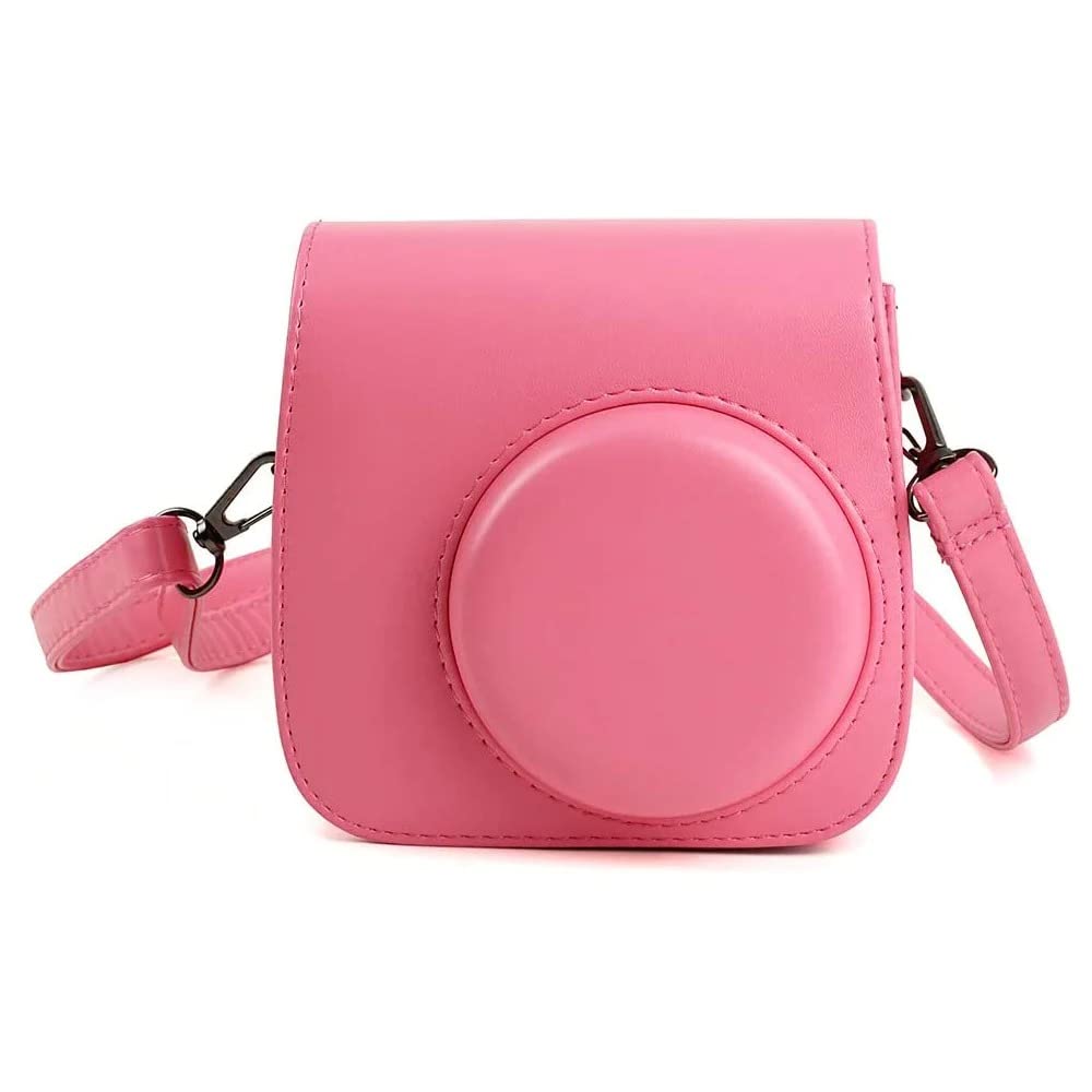 ZIKKON Protective Camera Case Compatible with Fuji-Film Instant Insta-x Mini 9/8 PU Leather Bag with Adjustable Shoulder Strap Flamingo Pink