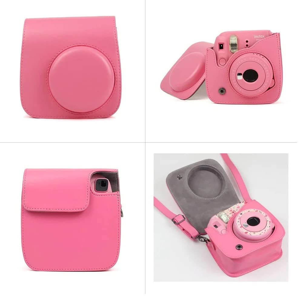 ZIKKON Protective Camera Case Compatible with Fuji-Film Instant Insta-x Mini 9/8 PU Leather Bag with Adjustable Shoulder Strap Flamingo Pink