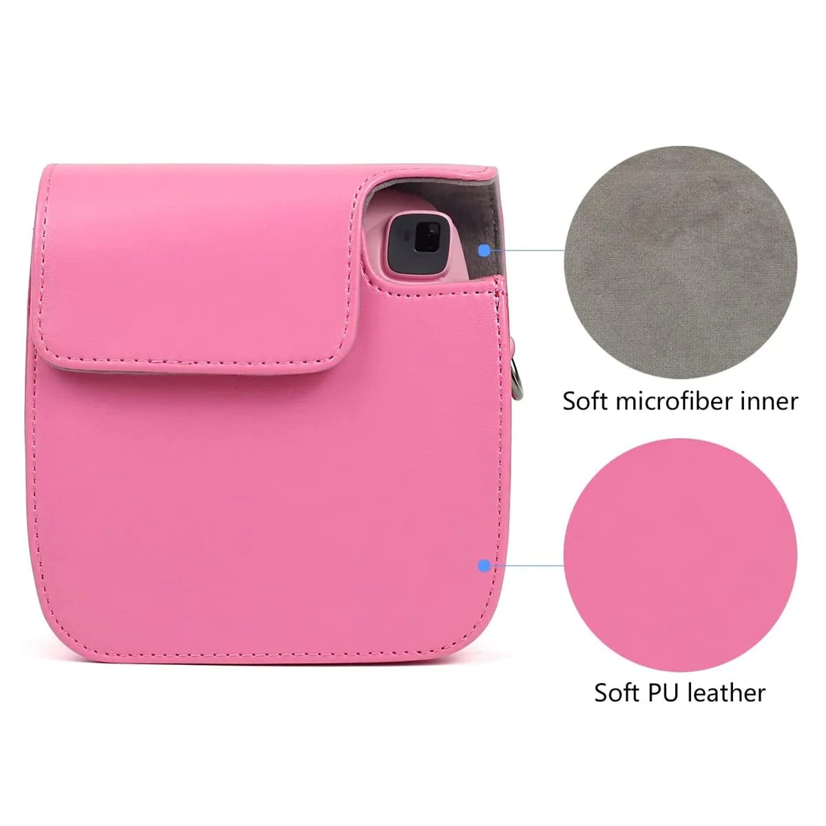 ZIKKON Protective Camera Case Compatible with Fuji-Film Instant Insta-x Mini 9/8 PU Leather Bag with Adjustable Shoulder Strap Flamingo Pink