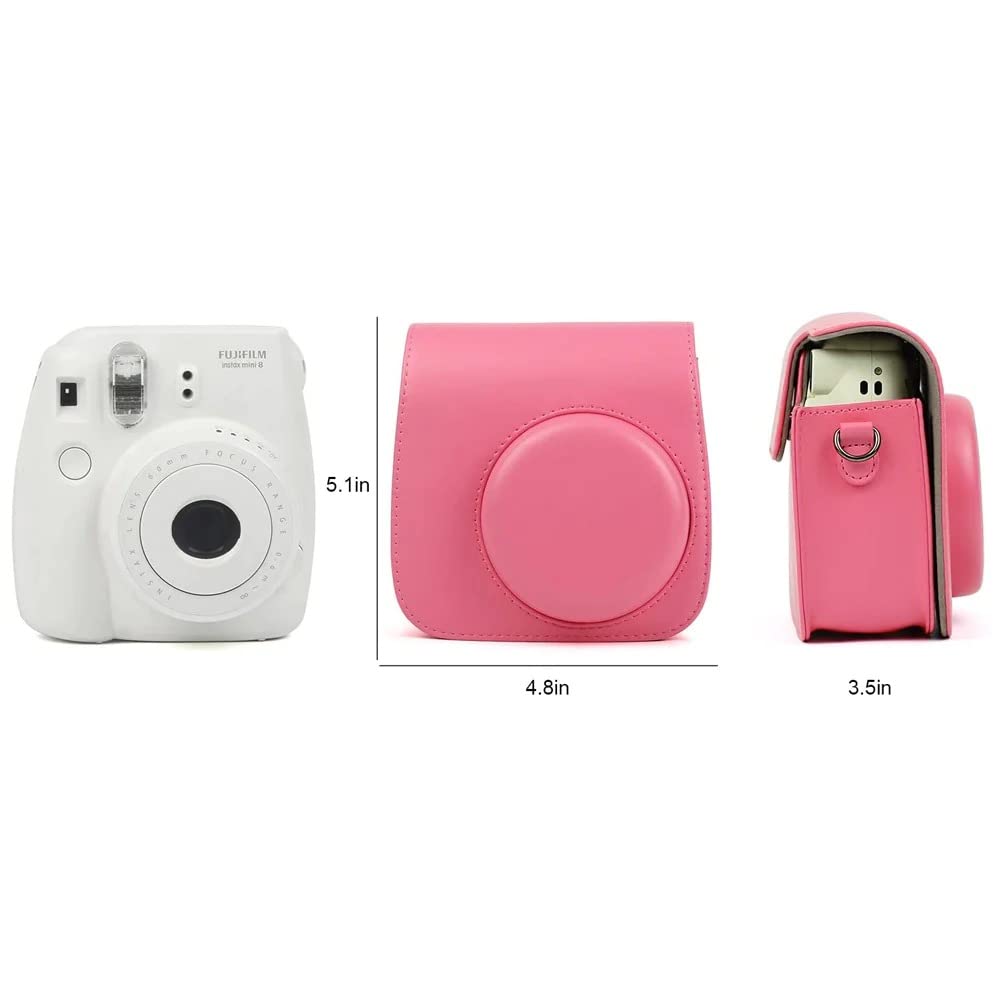 ZIKKON Protective Camera Case Compatible with Fuji-Film Instant Insta-x Mini 9/8 PU Leather Bag with Adjustable Shoulder Strap Flamingo Pink