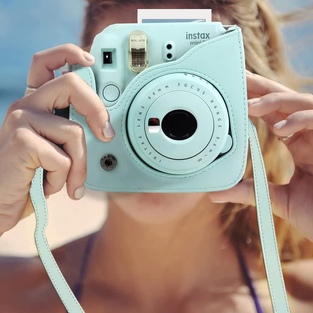 ZIKKON Protective Camera Case Compatible with Fuji Film Instant Insta x Mini 9/8 PU Leather Bag with Adjustable Shoulder Strap Ice Blue