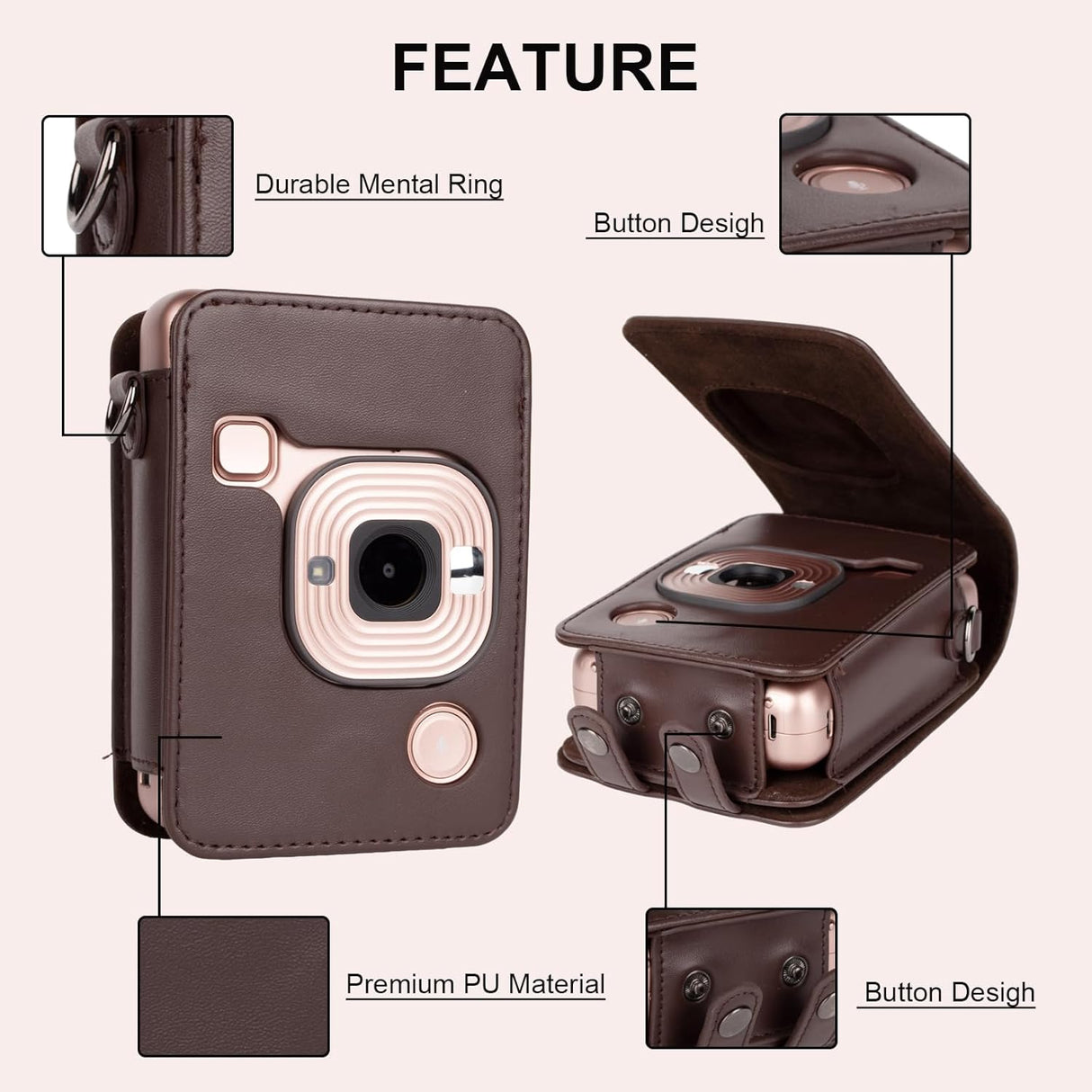 ZIKKON Protective Case for Fuji instax mini liplay Camera with adjustable neck strap quick detachable- Deep bronze