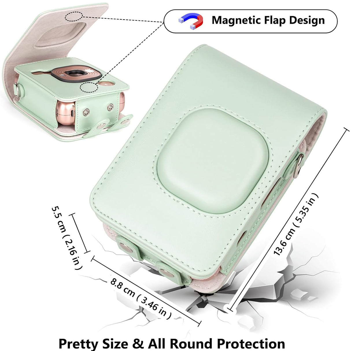 ZIKKON Protective Case for Fuji instax mini liplay Camera with adjustable neck strap quick detachable- Matcha Green
