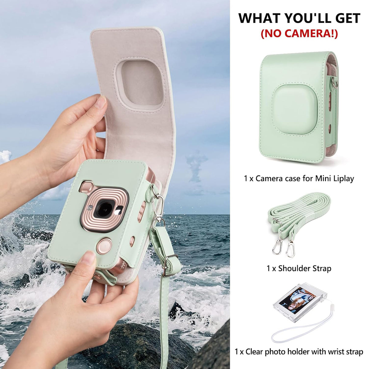 ZIKKON Protective Case for Fuji instax mini liplay Camera with adjustable neck strap quick detachable- Matcha Green