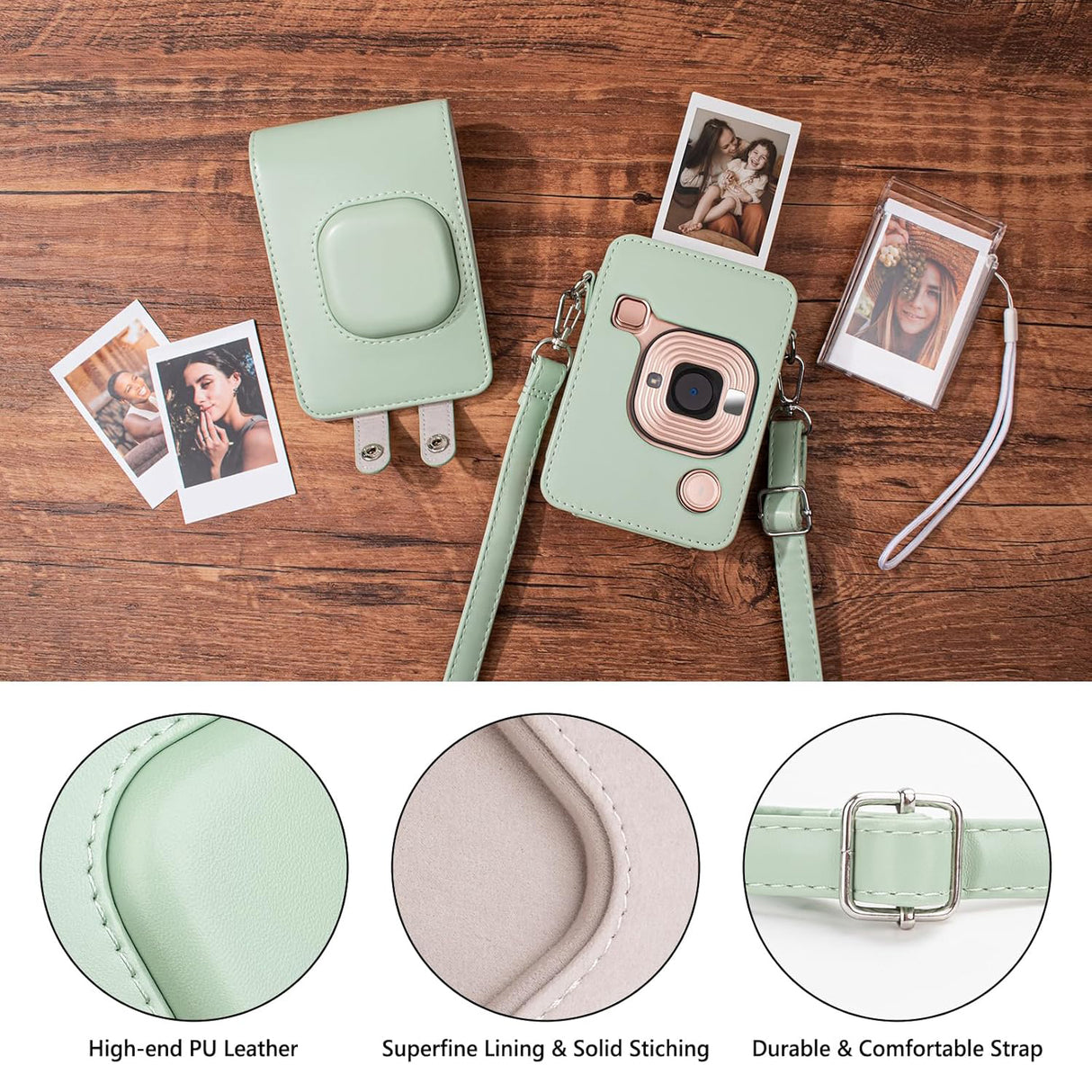 ZIKKON Protective Case for Fuji instax mini liplay Camera with adjustable neck strap quick detachable- Matcha Green