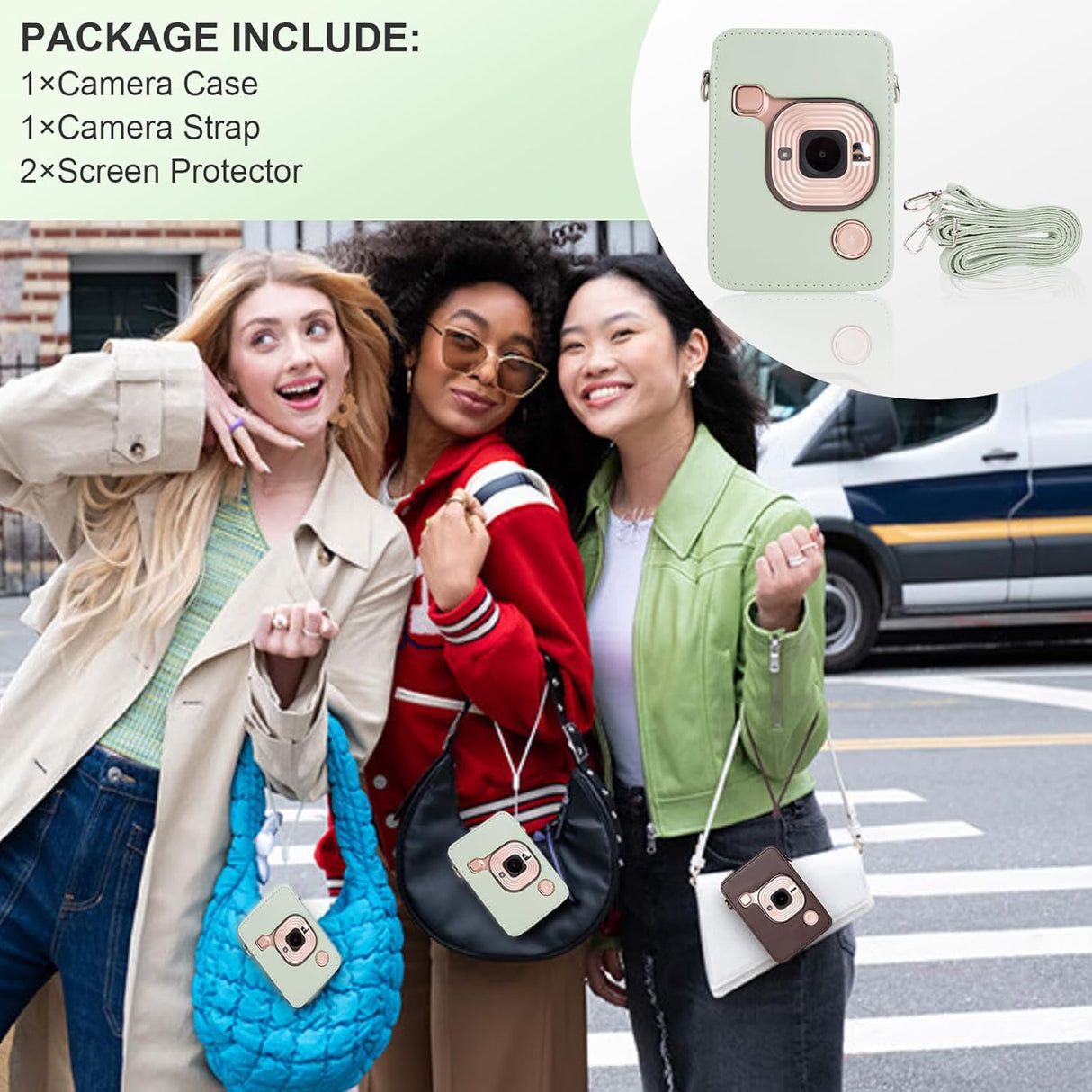 ZIKKON Protective Case for Fuji instax mini liplay Camera with adjustable neck strap quick detachable- Matcha Green