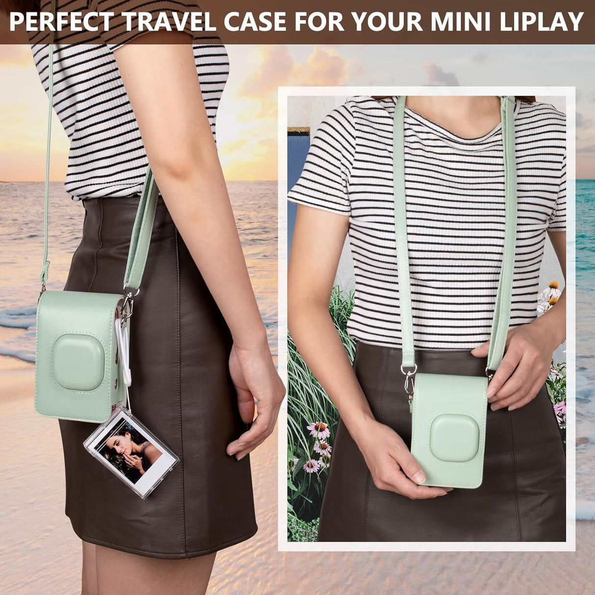 ZIKKON Protective Case for Fuji instax mini liplay Camera with adjustable neck strap quick detachable- Matcha Green