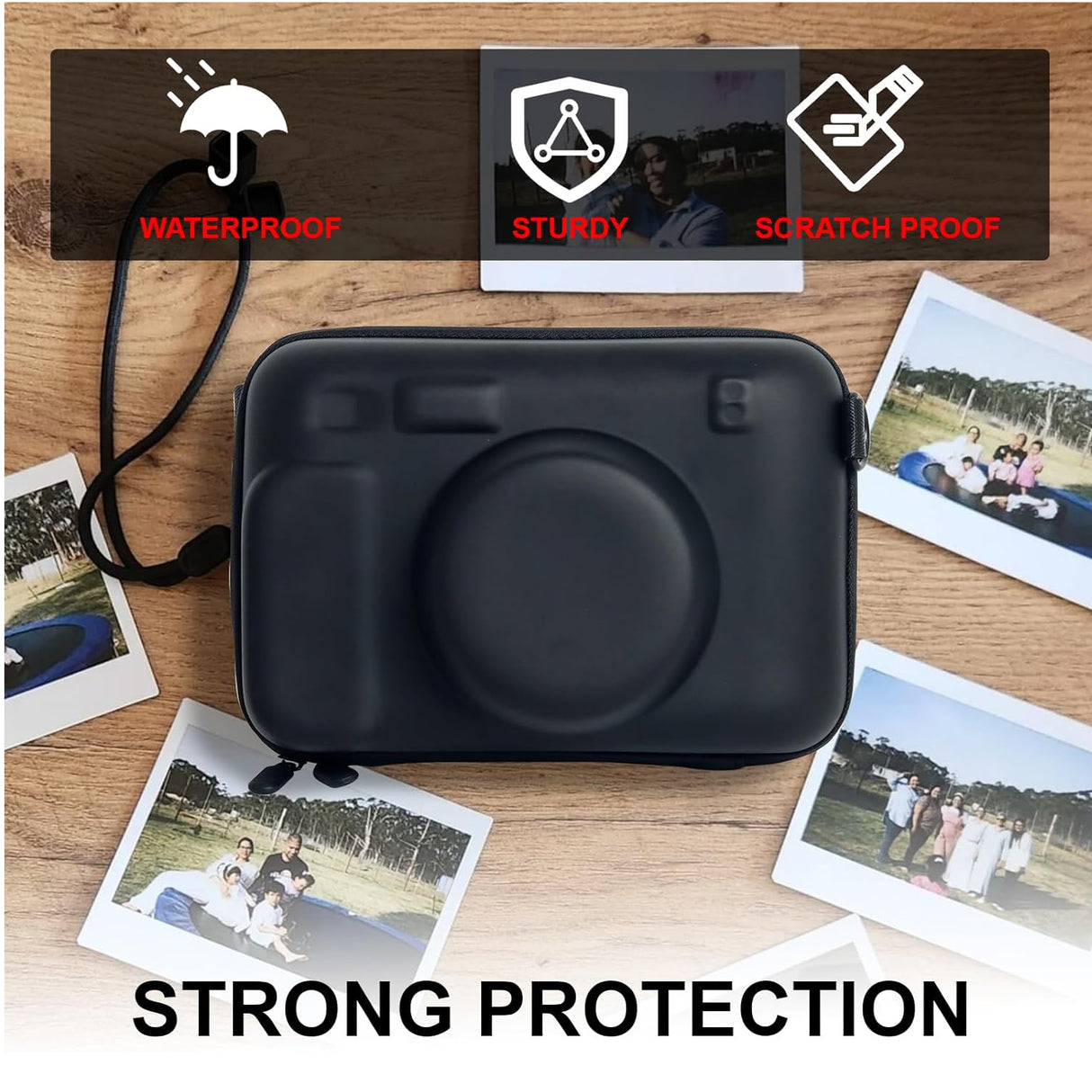 ZIKKON Protective Case for Fujifilm Instax Wide 400/300/210/ Instant Camera, Universal Wide Hard Shell Carrying Case with Removable Adjustable Strap -(Black)