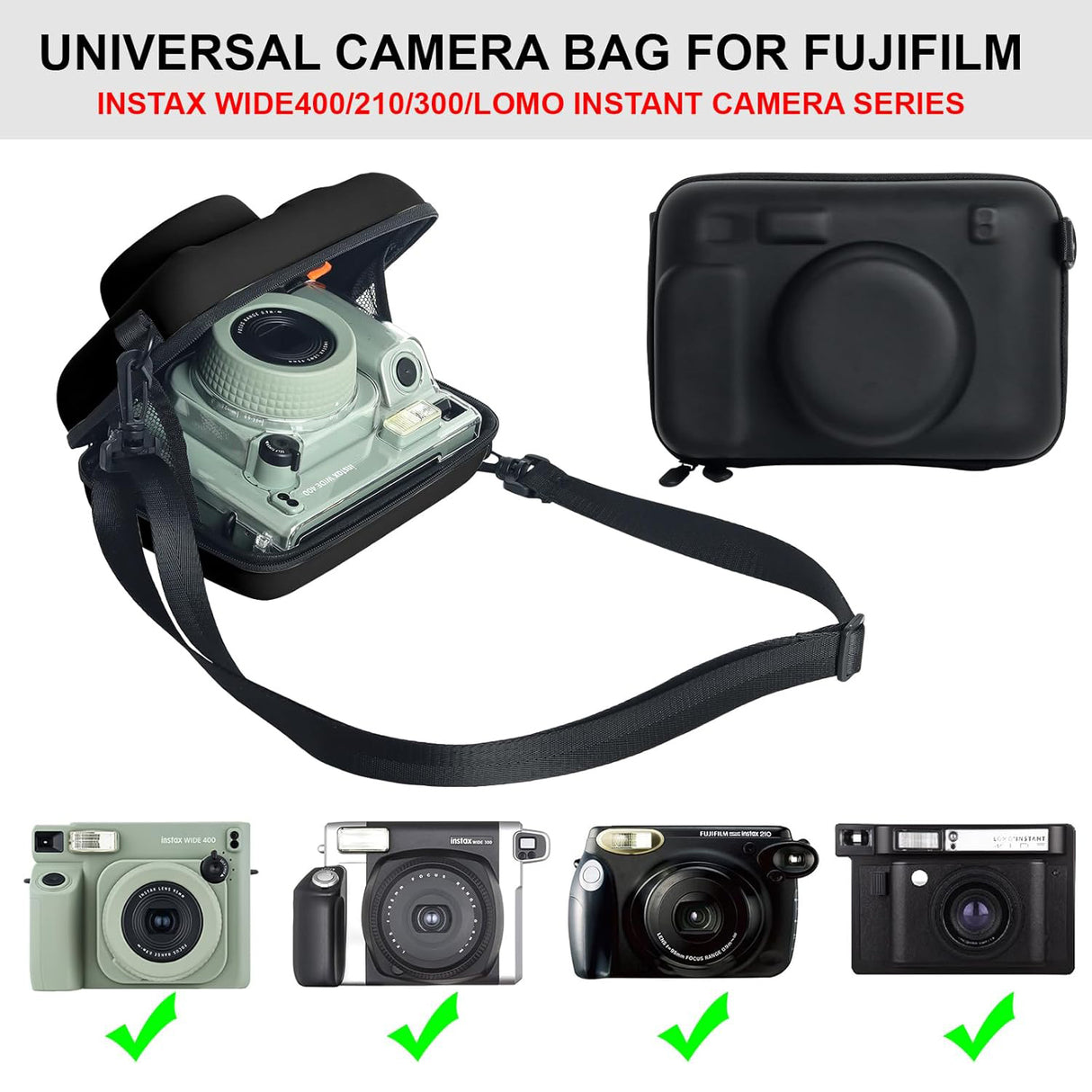 ZIKKON Protective Case for Fujifilm Instax Wide 400/300/210/ Instant Camera, Universal Wide Hard Shell Carrying Case with Removable Adjustable Strap -(Black)