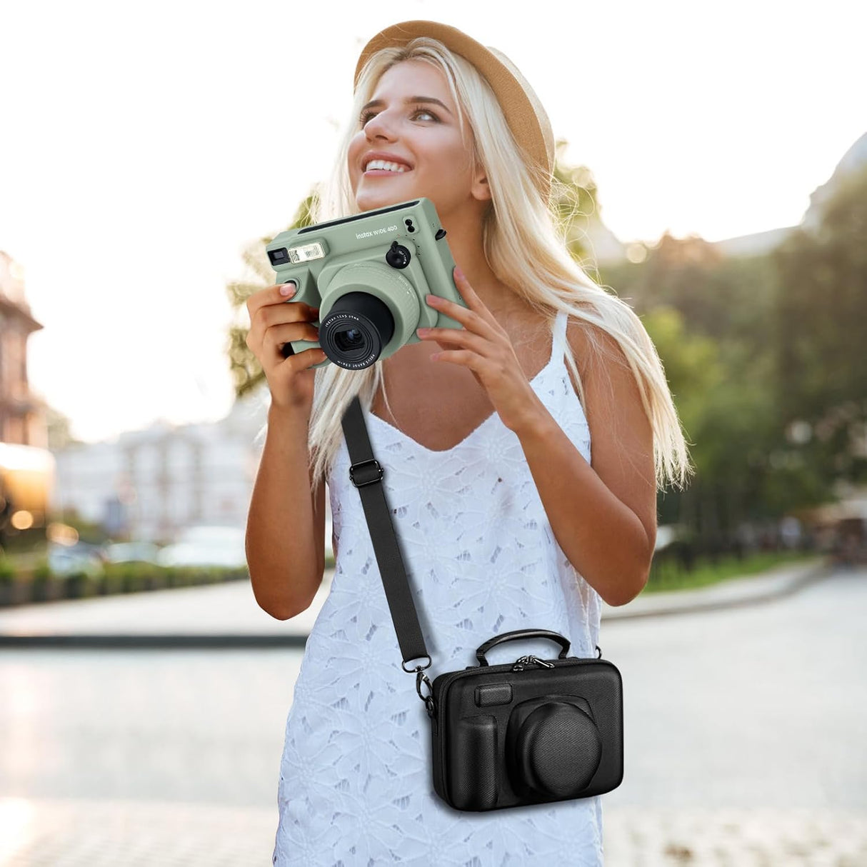 ZIKKON Protective Case for Fujifilm Instax Wide 400/300/210/ Instant Camera, Universal Wide Hard Shell Carrying Case with Removable Adjustable Strap -(Black)