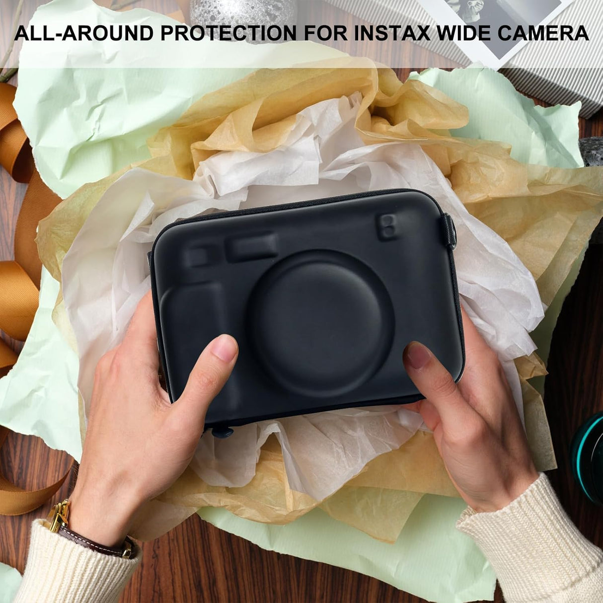 ZIKKON Protective Case for Fujifilm Instax Wide 400/300/210/ Instant Camera, Universal Wide Hard Shell Carrying Case with Removable Adjustable Strap -(Black)