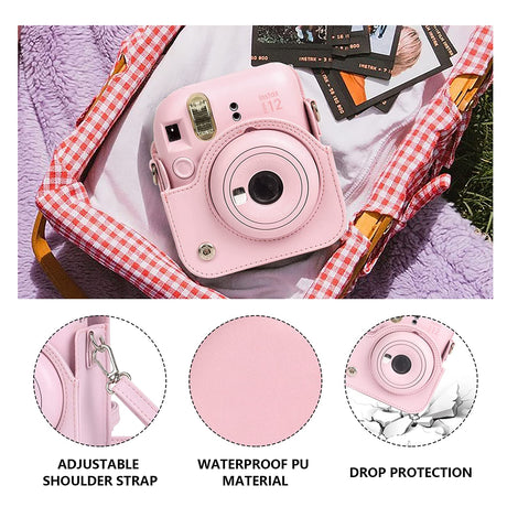 Zikkon Instax Mini 12 Protective Camera Case PU Leather Carrying Bag (Blossom Pink)