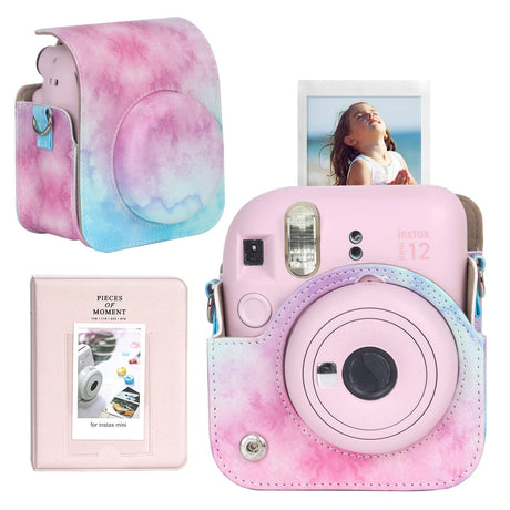 Zikkon Instax Mini 12 Protective Camera Case PU Leather Carrying Bag with 64 Pockets Photo Album Blue/Pink Watercolor