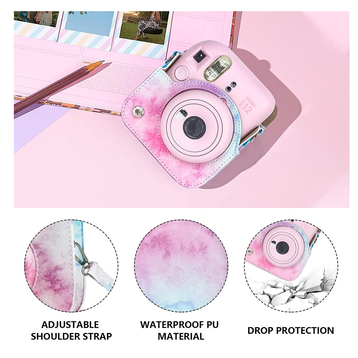 Zikkon Instax Mini 12 Protective Camera Case PU Leather Carrying Bag Blue/Pink Watercolor