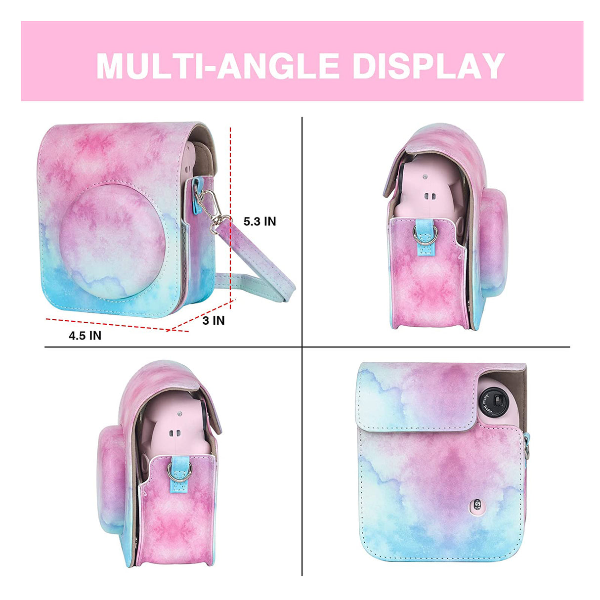 Zikkon Instax Mini 12 Protective Camera Case PU Leather Carrying Bag Blue/Pink Watercolor