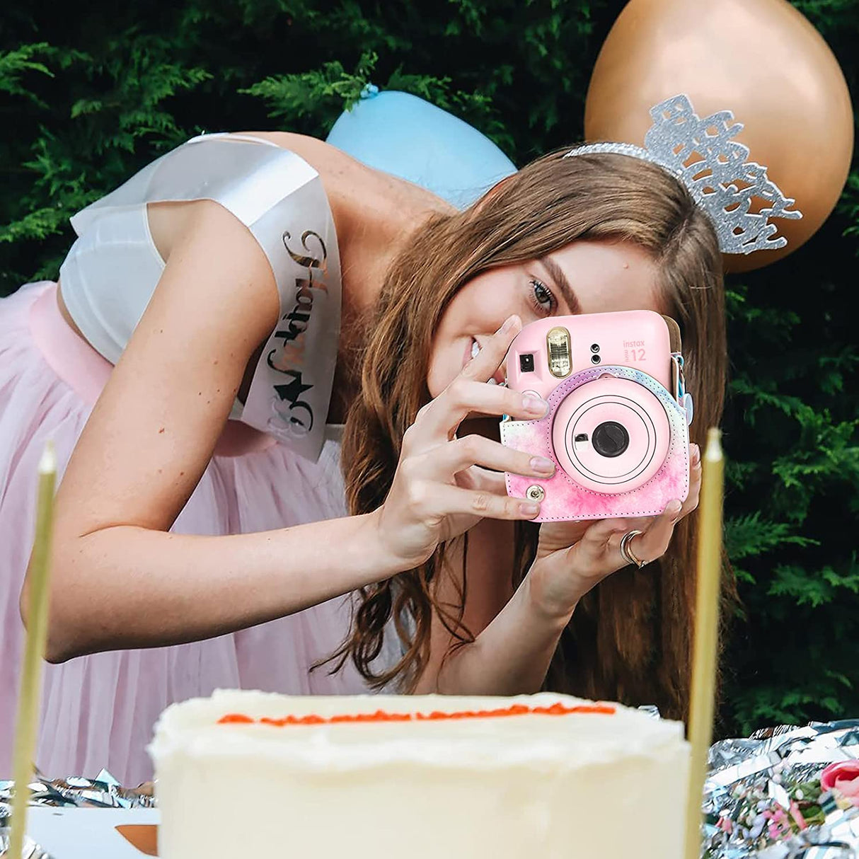 Zikkon Instax Mini 12 Protective Camera Case PU Leather Carrying Bag Blue/Pink Watercolor