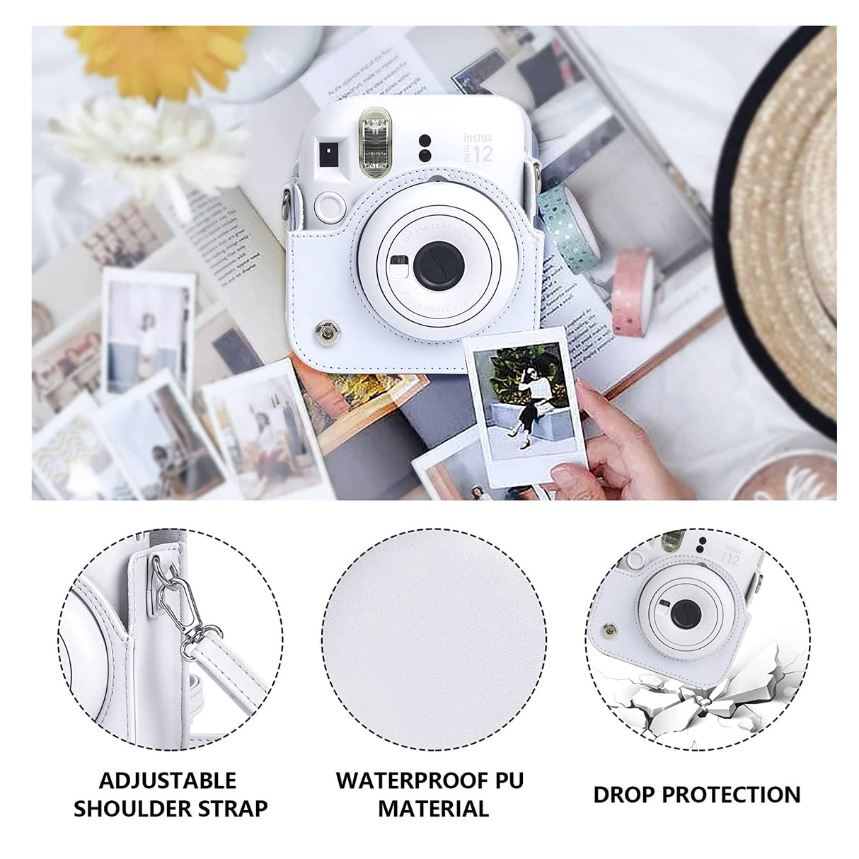 Zikkon Instax Mini 12 Protective Camera Case PU Leather Carrying Bag (Clay White)