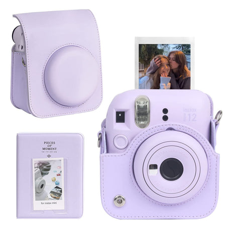 Zikkon Instax Mini 12 Protective Camera Case PU Leather Carrying Bag with 64 Pockets Photo Album Lilac Purple