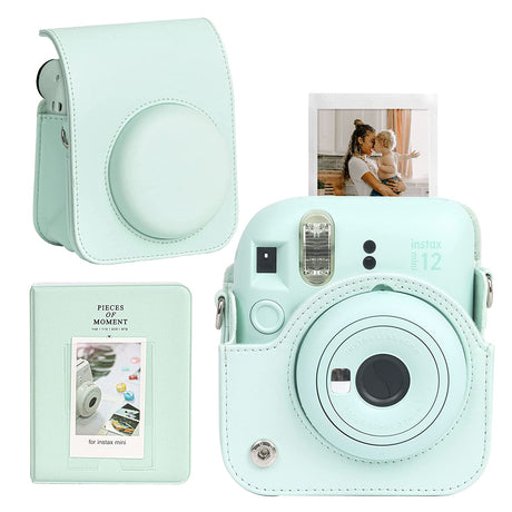 Zikkon Instax Mini 12 Protective Camera Case PU Leather Carrying Bag with 64 Pockets Photo Album Mint Green