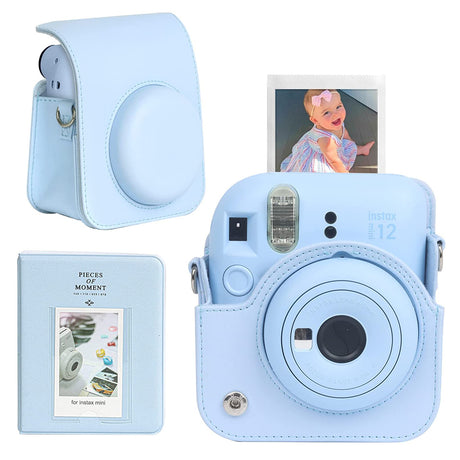 Zikkon Instax Mini 12 Protective Camera Case PU Leather Carrying Bag with 64 Pockets Photo Album Pastel Blue