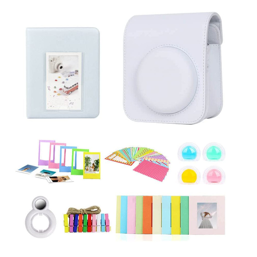 Zikkon Instax Mini 12 Protective Camera Case PU Leather Carrying Bag with Photo Album and Accessories Kits white