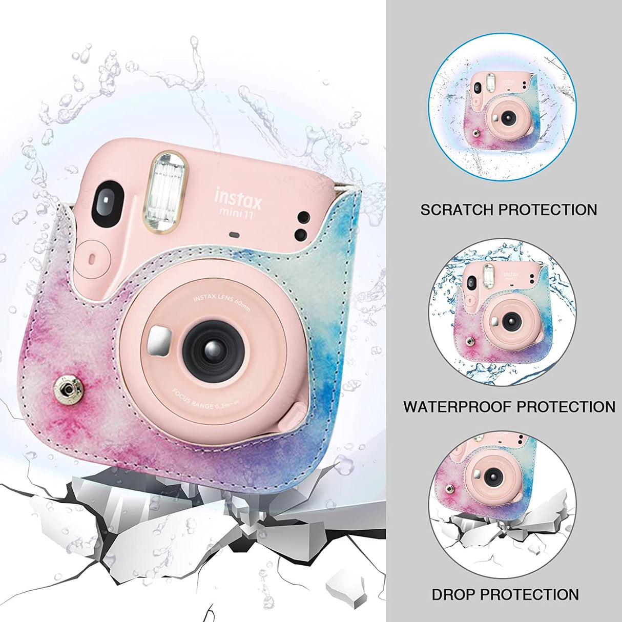 Zenko Instax mini 11 Camera PU Leather Case Bag Blue-Pink Watercolor