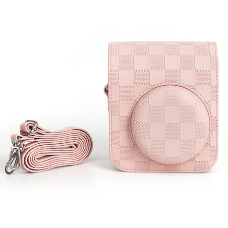 Zikkon Instax Mini 12 Protective Camera Case PU Leather Checkerboard Style Carrying Bag Pink