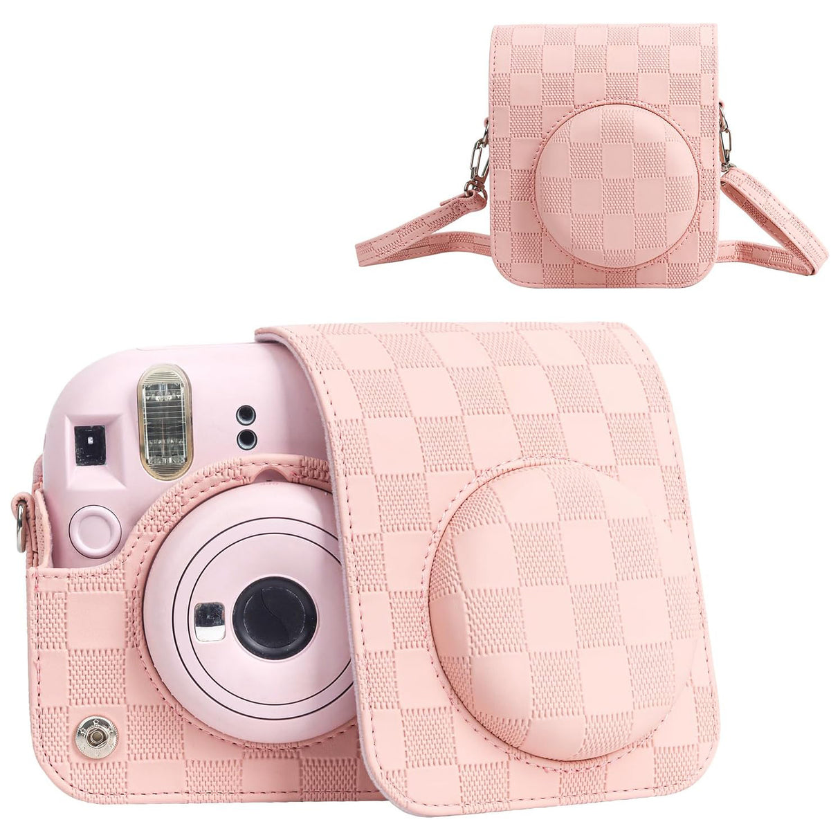 Zikkon Instax Mini 12 Protective Camera Case PU Leather Checkerboard Style Carrying Bag Pink