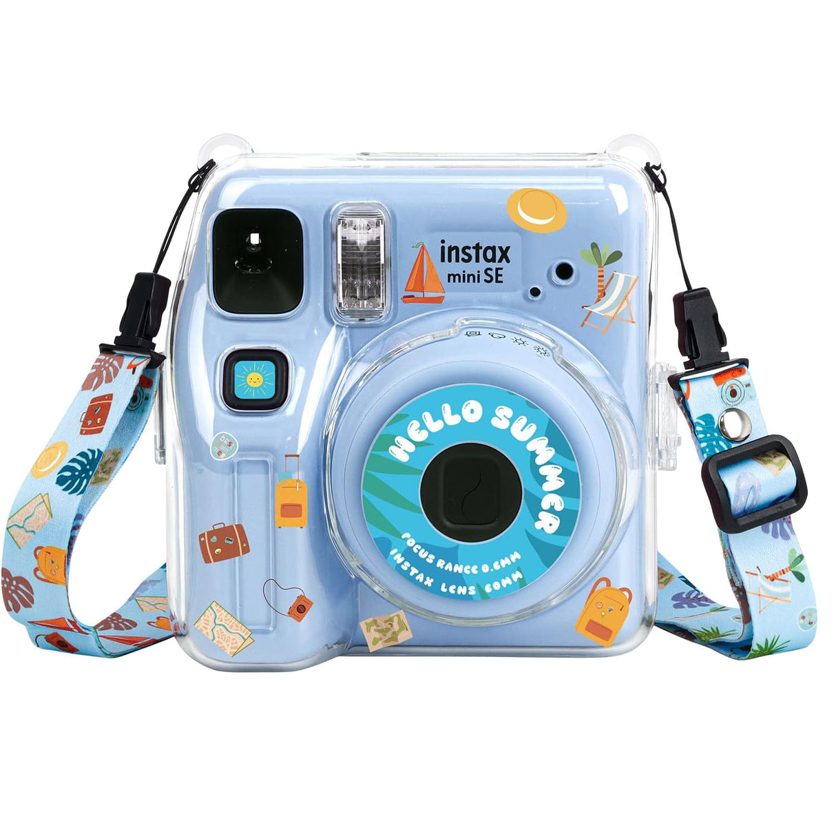 Zikkon Instax Mini SE Crystal Case Photo Storage Pocket with Shoulder Straps + Stickers set (Blue)