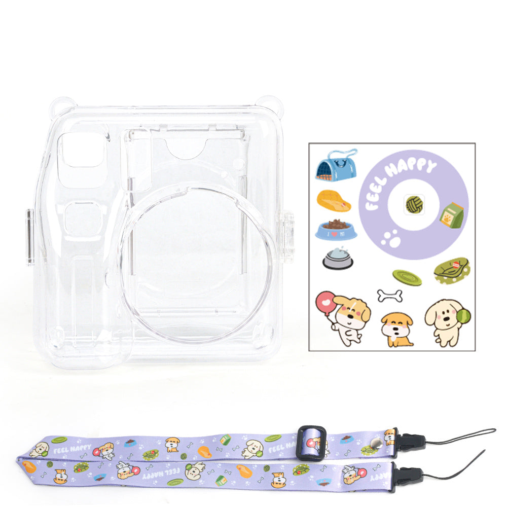 Zikkon Instax Mini SE Crystal Case Photo Storage Pocket with Shoulder Straps + Stickers set (Purple)