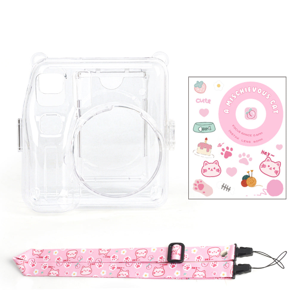 Zikkon Instax Mini SE Crystal Case Photo Storage Pocket with Shoulder Straps + Stickers set (Pink)