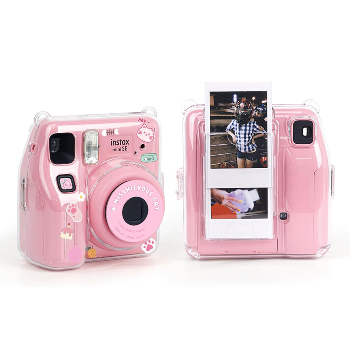 Zikkon Instax Mini SE Crystal Case Photo Storage Pocket with Shoulder Straps + Stickers set (Pink)