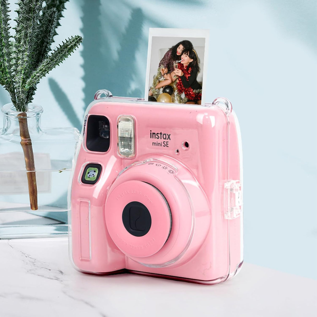 Zikkon Instax Mini SE Crystal Case Photo Storage Pocket with Shoulder Straps + Stickers set (Pink)