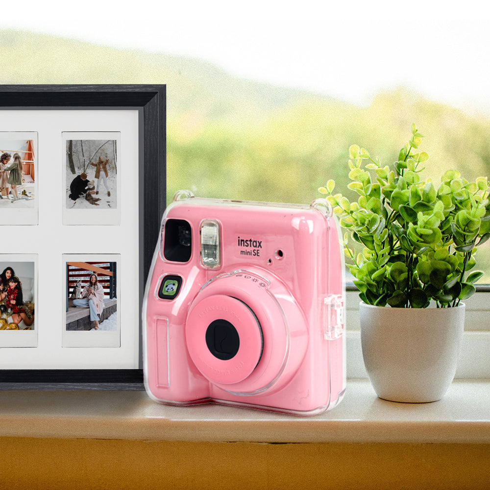 Zikkon Instax Mini SE Crystal Case Photo Storage Pocket with Shoulder Straps + Stickers set (Pink)