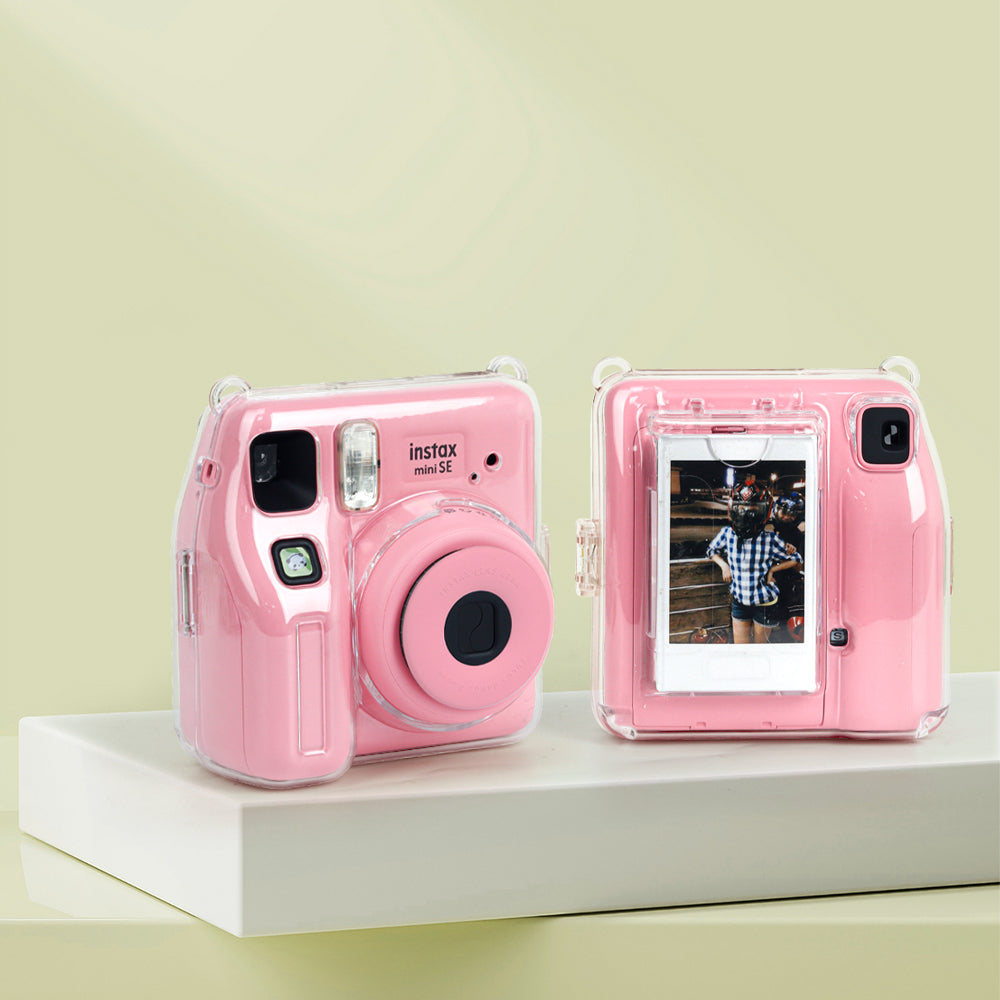 Zikkon Instax Mini SE Crystal Case Photo Storage Pocket with Shoulder Straps + Stickers set (Pink)