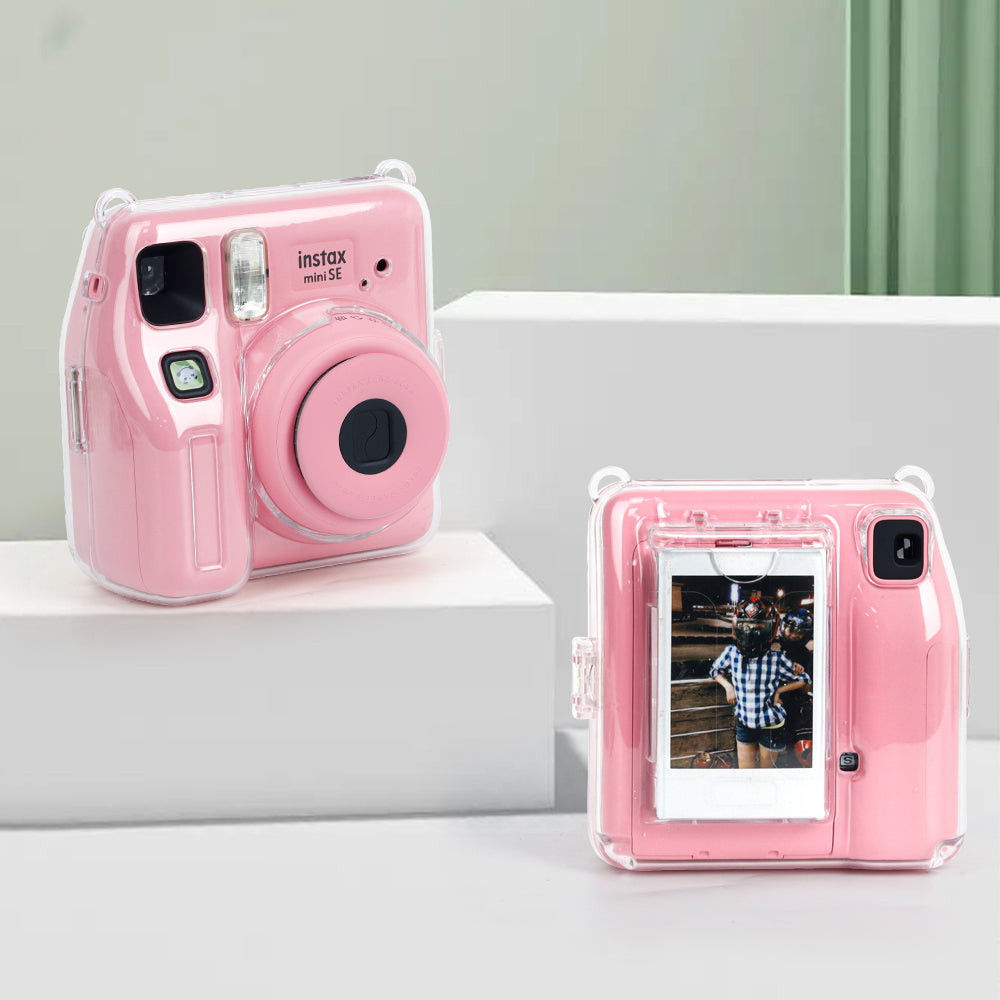 Zikkon Instax Mini SE Crystal Case Photo Storage Pocket with Shoulder Straps + Stickers set (Pink)