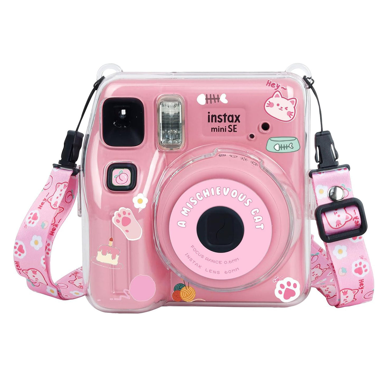 Zikkon Instax Mini SE Crystal Case Photo Storage Pocket with Shoulder Straps + Stickers set (Pink)