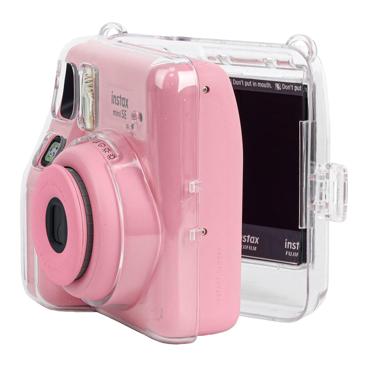 Zikkon Instax Mini SE Crystal Case Photo Storage Pocket with Shoulder Straps + Stickers set (Pink)
