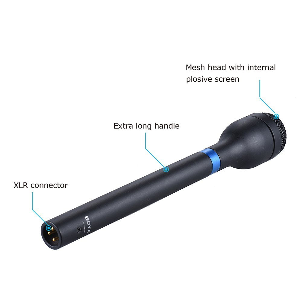 BOYA BY-HM100 Handheld Dynamic Microphone Mic Omni-Directional XLR Connector Aluminum Alloy Body Extra Long Handle for ENG Interview Presentation Recording
