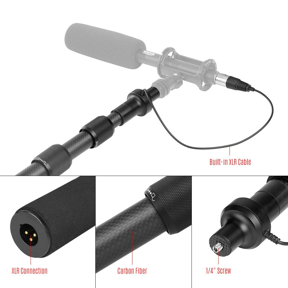 BOYA BY-PB25 Carbon Fiber Boom Pole with Internal XLR Cable for Shotgun Microphone Holder Boom Arm Extend 8.2ft
