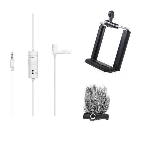 BOYA BY-M1 white with Fur-Lav and Mount1 Omnidirectional Lavalier Condenser Microphone