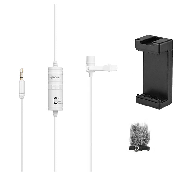 BOYA BY-M1 white with Fur-Lav and Mount3 Omnidirectional Lavalier Condenser Microphone