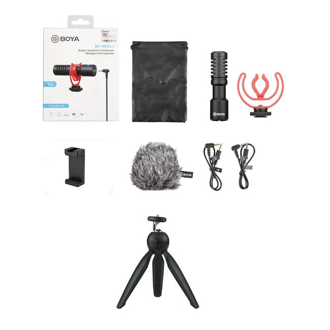 BOYA BY-MM1+ with Mini Tripod and Mount 3 Super-Cardioid Shotgun Microphone